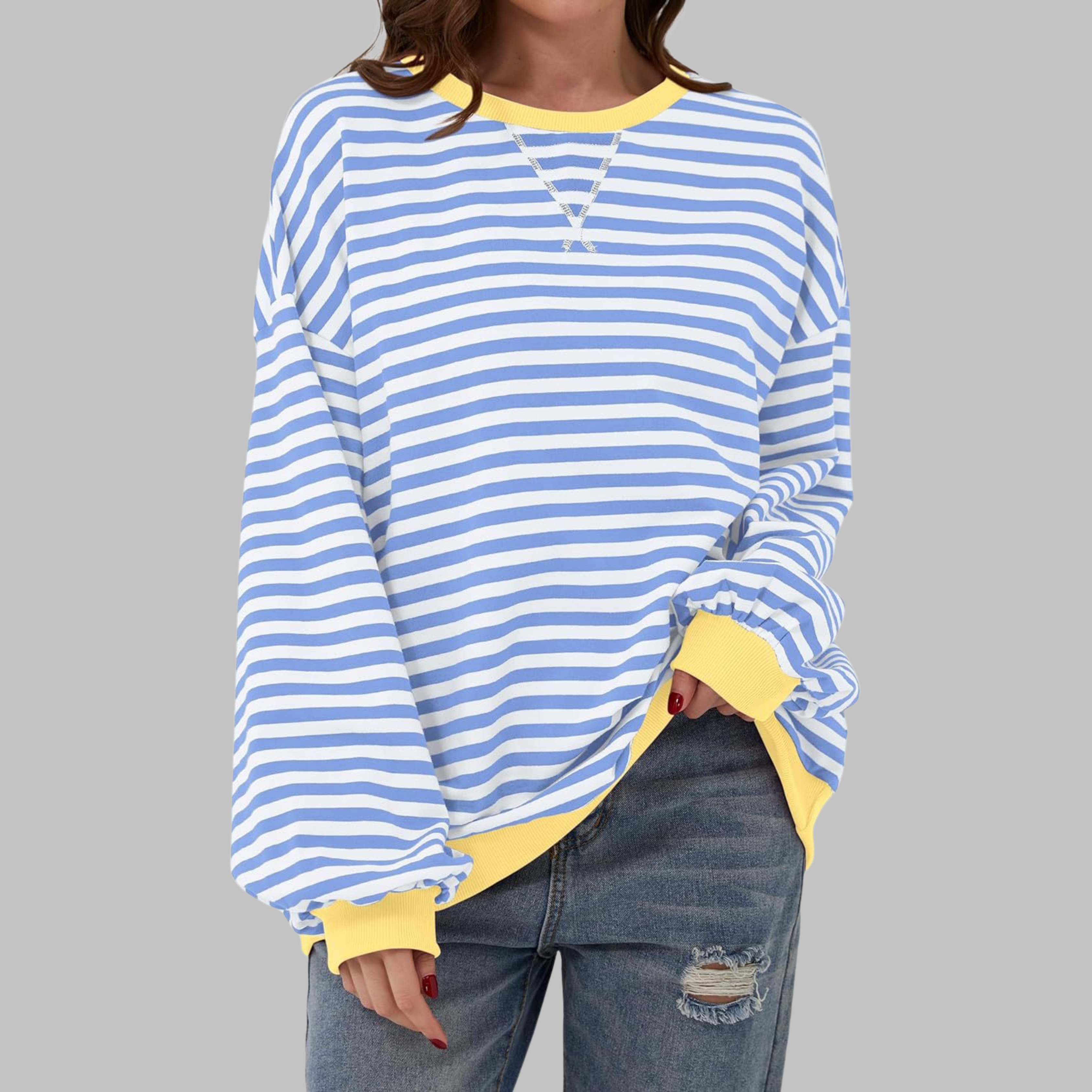 Lola | Women's Striped Long Sleeve Sweater Black White Blue Trim