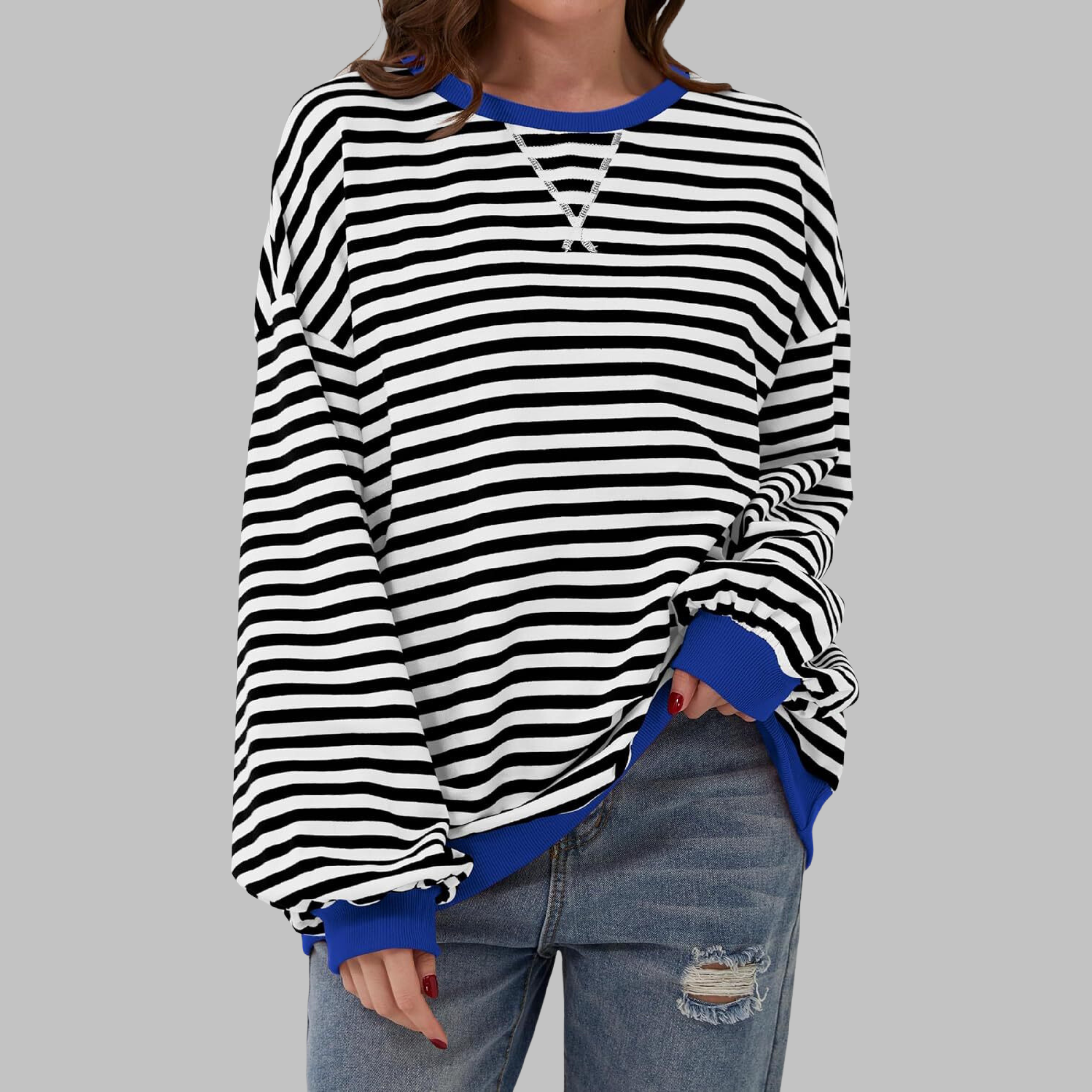 Lola | Women's Striped Long Sleeve Sweater Black White Blue Trim