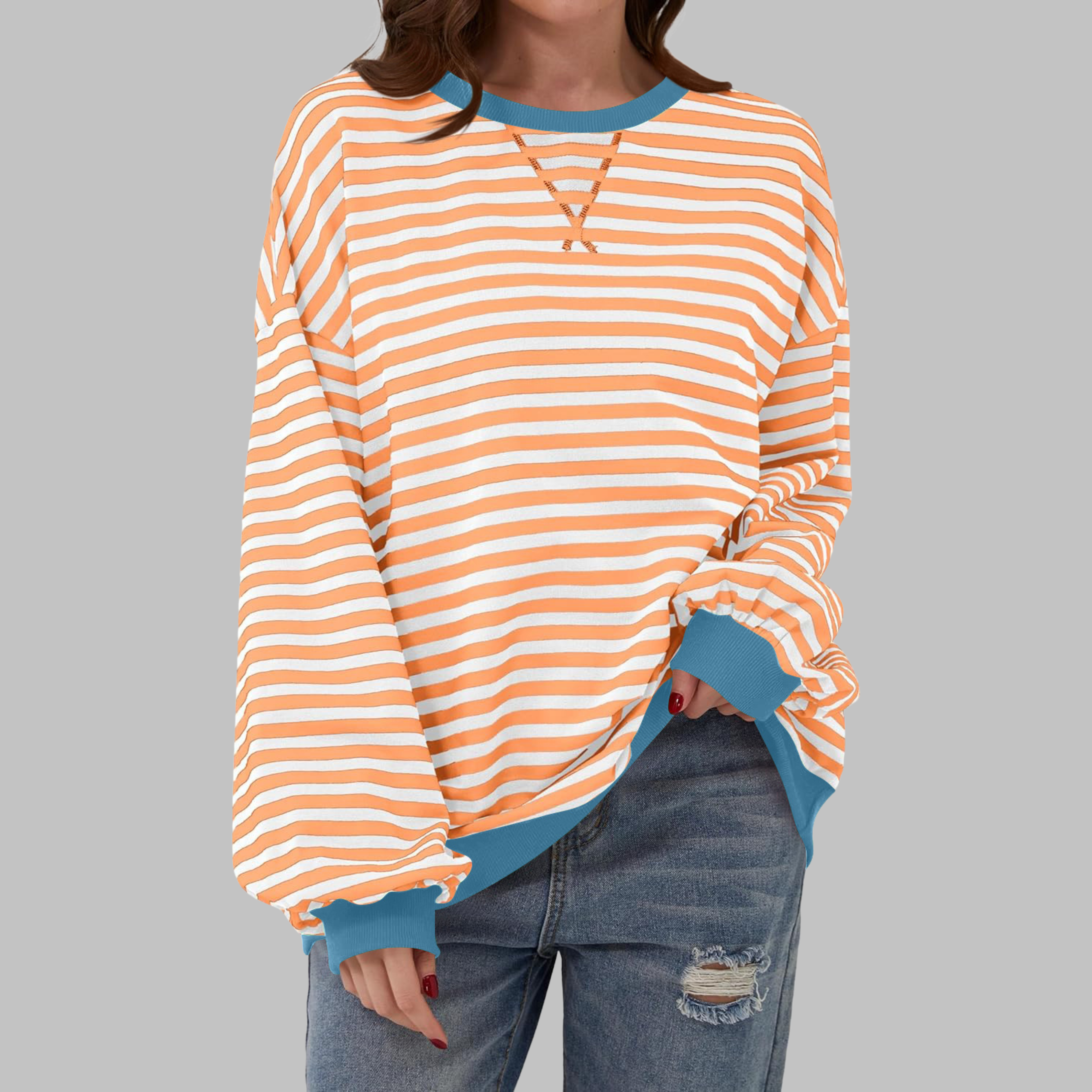 Lola | Women's Striped Long Sleeve Sweater Black White Blue Trim