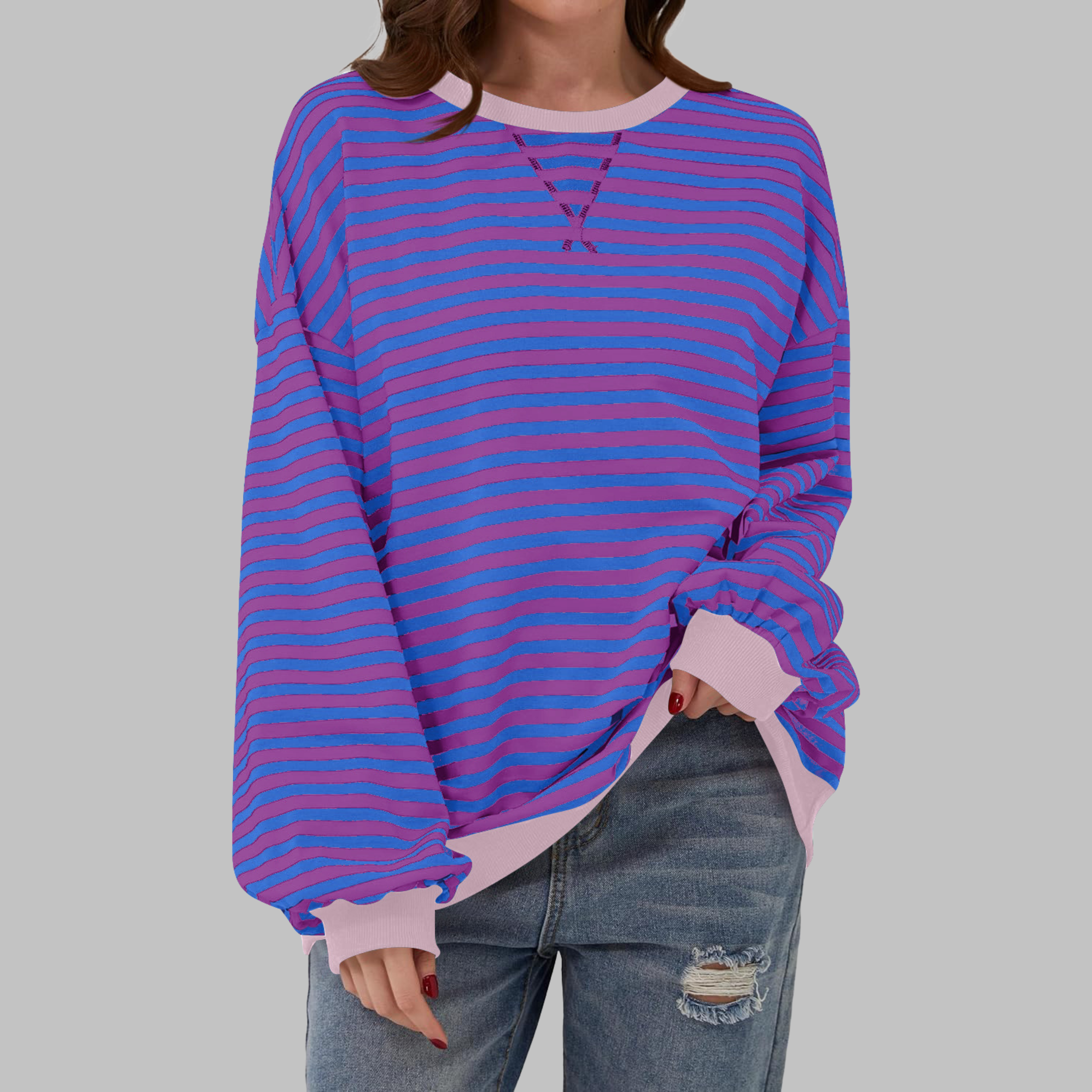 Lola | Women's Striped Long Sleeve Sweater Black White Blue Trim