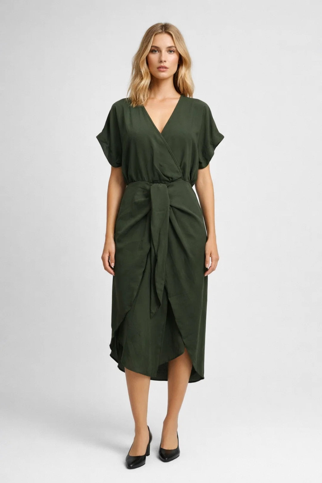 Demi | Women's Wrap Midi Dress Sage Green Short Sleeve