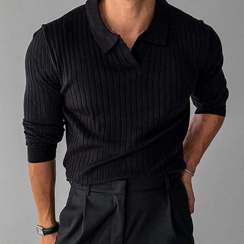 Axel | Men's Polo Shirt Brown Pinstripe Long Sleeve