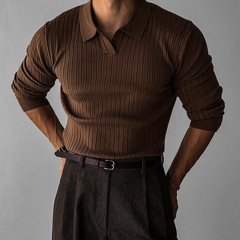 Axel | Men's Polo Shirt Brown Pinstripe Long Sleeve