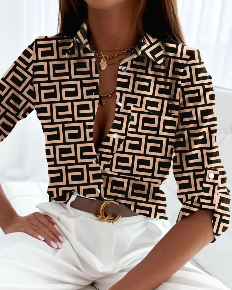Ines | Women's Button Down Blouse White Abstract Face Print