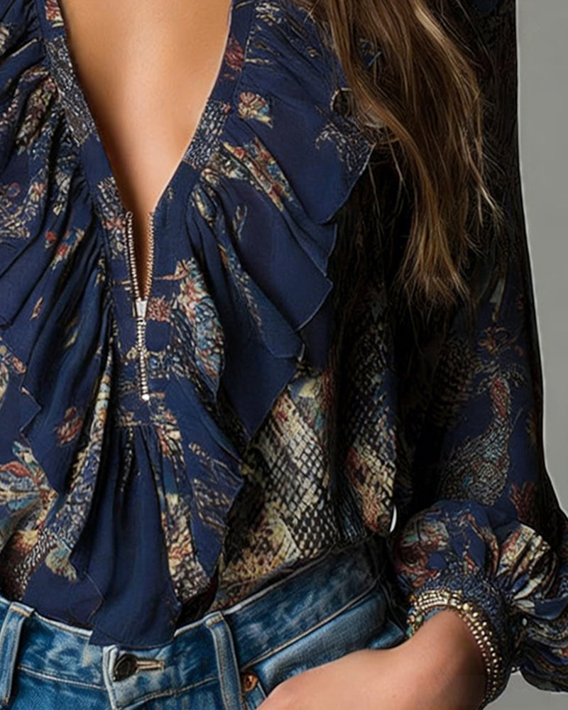 Nina | Women's Ruched Blouse Light Blue Floral Print