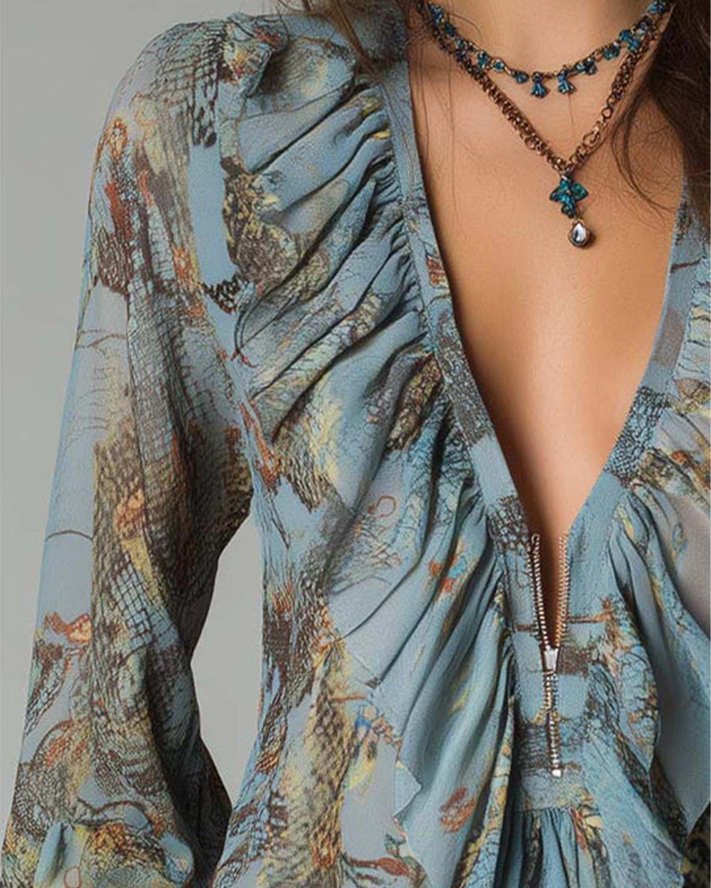 Nina | Women's Ruched Blouse Light Blue Floral Print