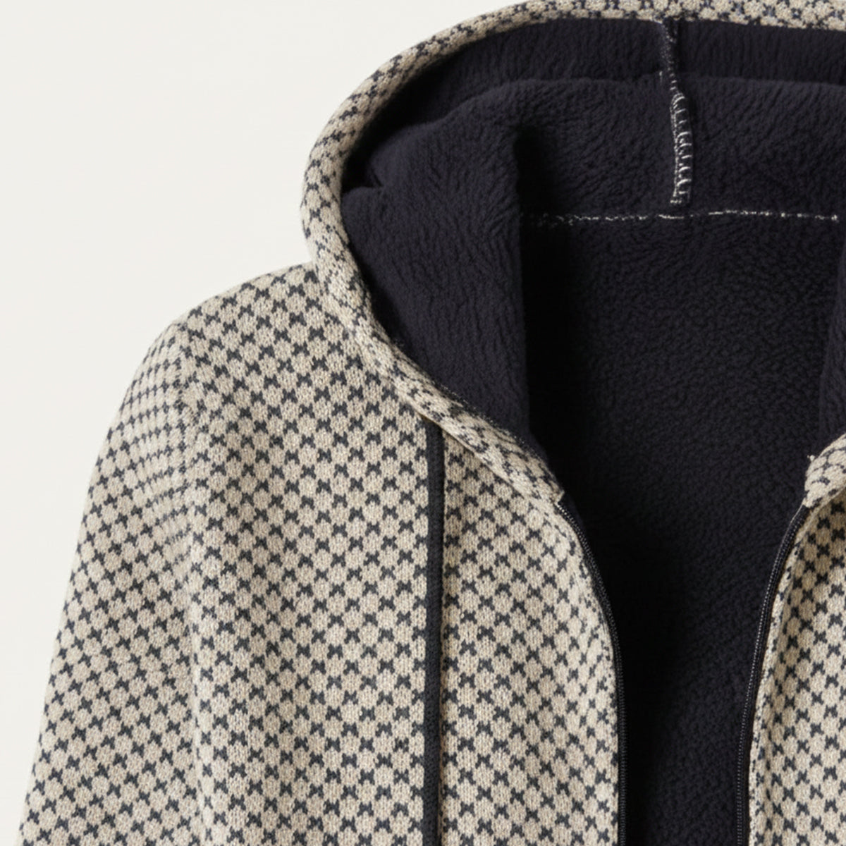 Ezra | Men's Houndstooth Zip Up Hooded Cardigan Cream Black