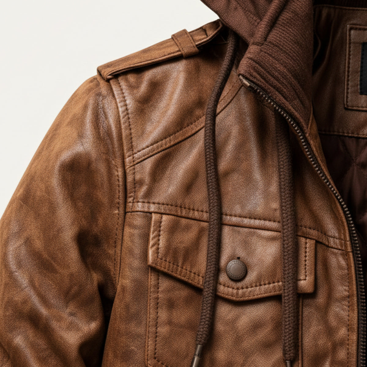 Axel | Men's Leather Bomber Jacket Brown Hooded Zip Up