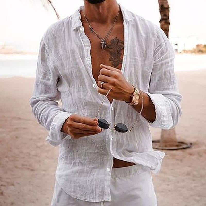 Axel | Men's Linen Button Up Shirt White Long Sleeve