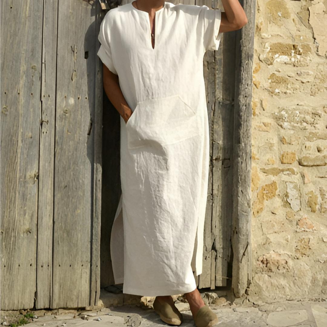 Arlo | Men's Boho Linen Long Shirt Black V Neck