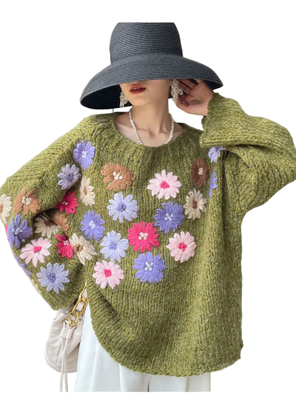 Mia | Women's Oversized Floral Embroidered Sweater Green