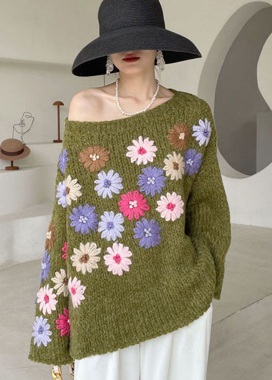 Mia | Women's Oversized Floral Embroidered Sweater Green