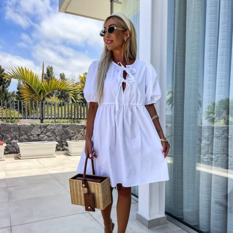 Maeve | Women's Puff Sleeve A Line Midi Dress Light Blue Bow Detail