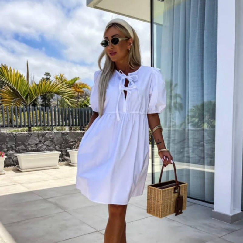 Maeve | Women's Puff Sleeve A Line Midi Dress Light Blue Bow Detail