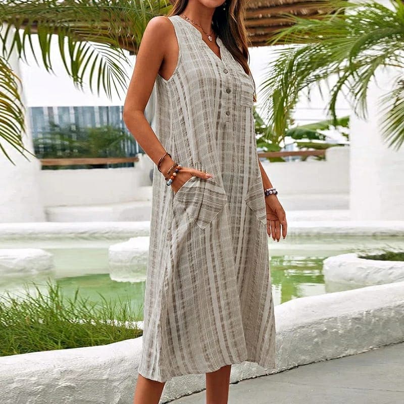 Luisa | Women's Linen Striped Midi Dress Cream Button Front