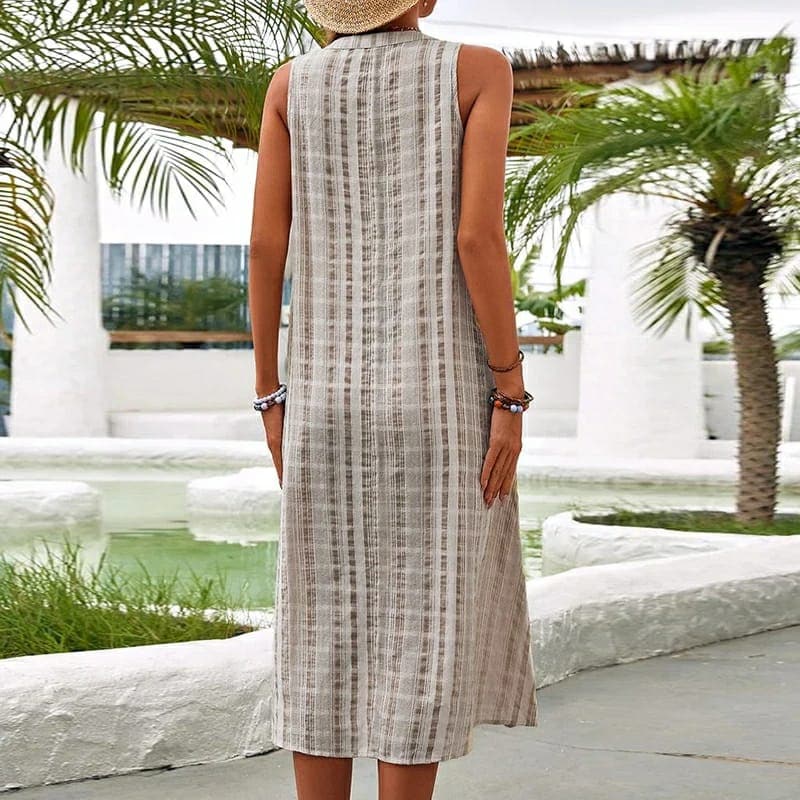 Luisa | Women's Linen Striped Midi Dress Cream Button Front