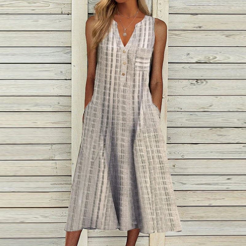 Luisa | Women's Linen Striped Midi Dress Cream Button Front