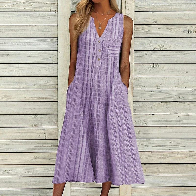 Luisa | Women's Linen Striped Midi Dress Cream Button Front