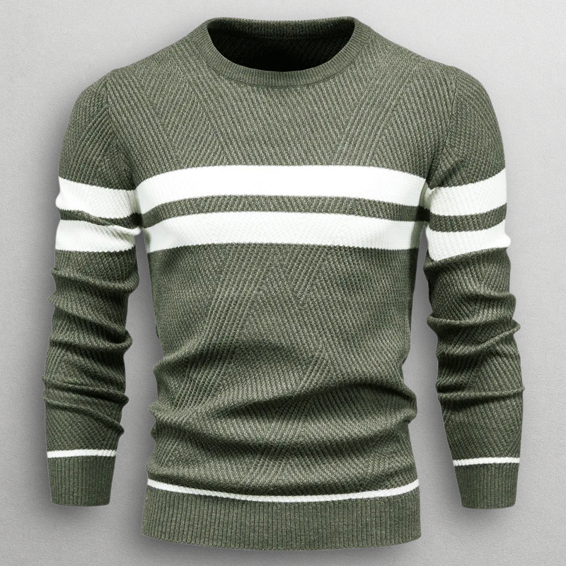 Axel | Men's Crew Neck Sweater Sage Green White Stripe