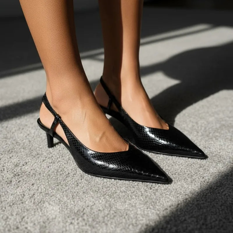 Nola | Women's Pointed Toe Slingback Pumps Black Python