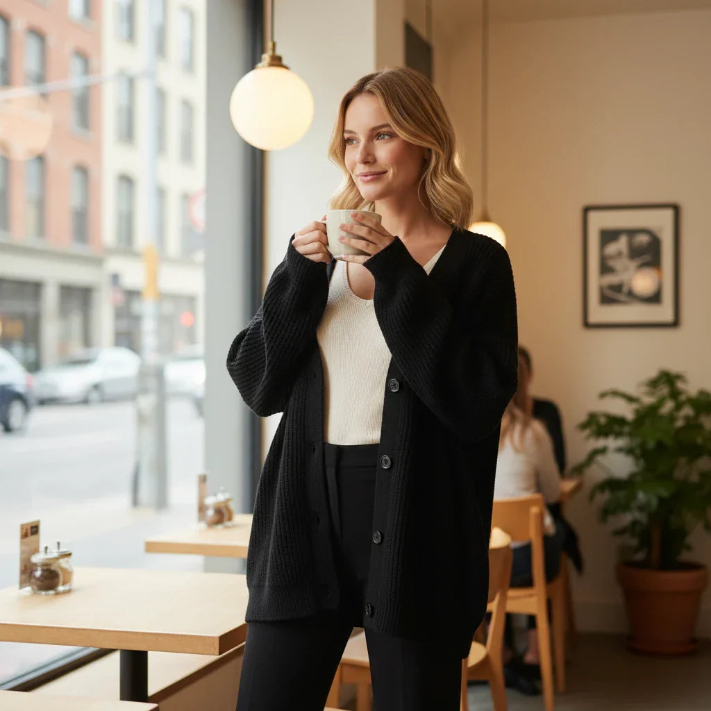 Wren | Women's Oversized Ribbed Knit Cardigan Cream Button Front