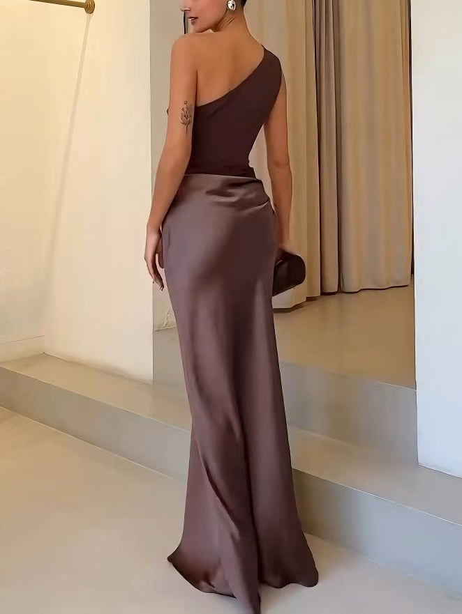 Vera | Women's One Shoulder Satin Maxi Dress Brown
