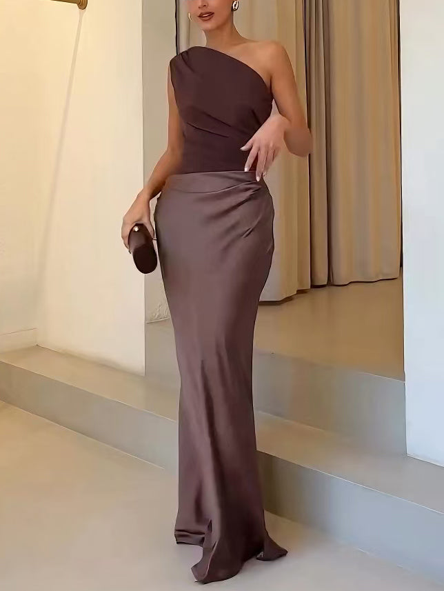 Vera | Women's One Shoulder Satin Maxi Dress Brown