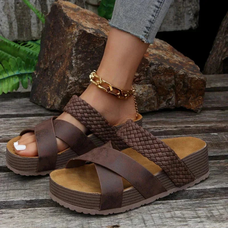 Cleo | Women's Platform Sandals Brown Woven Strap Comfort