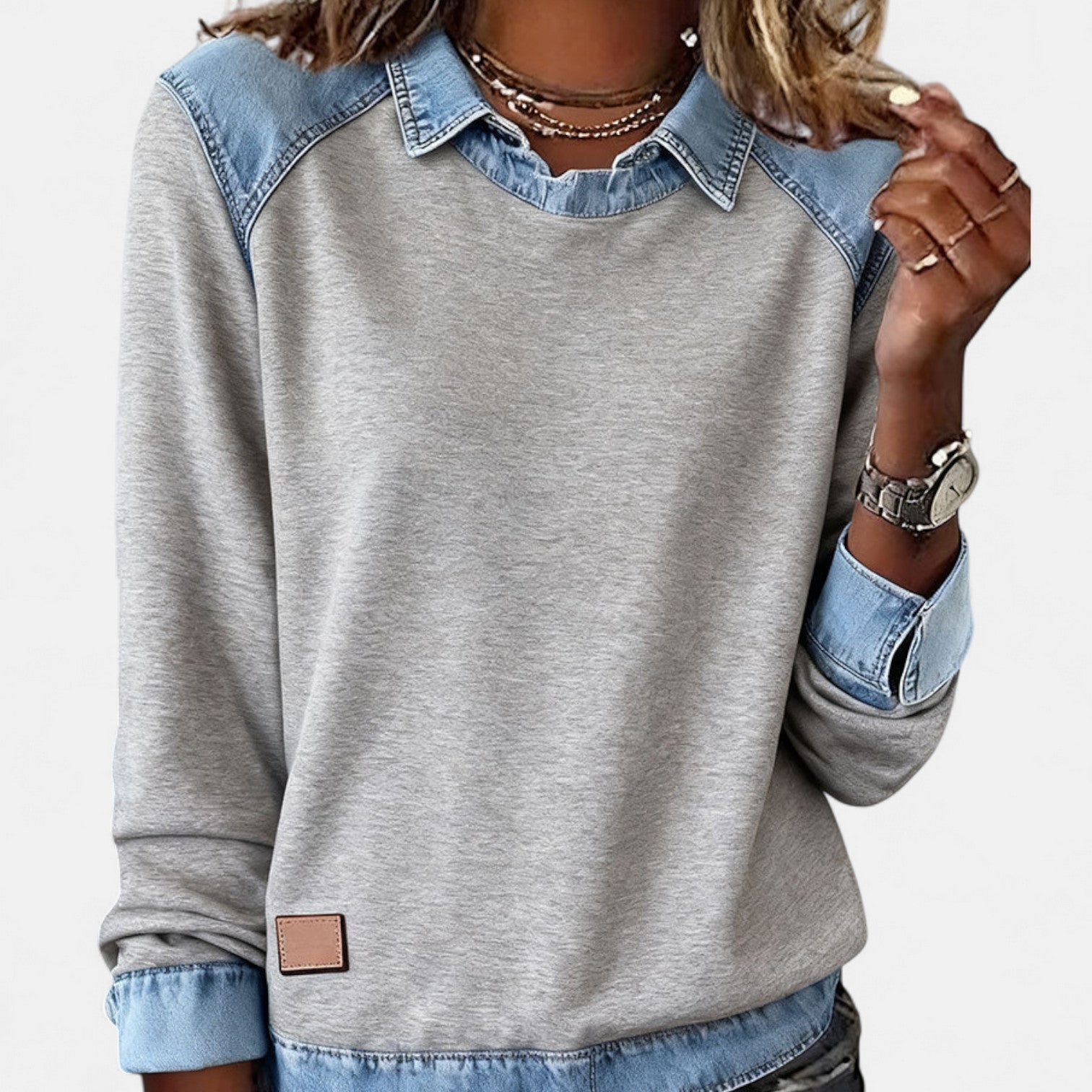 Cleo | Women's Denim Colorblock Sweatshirt Cream Light Blue