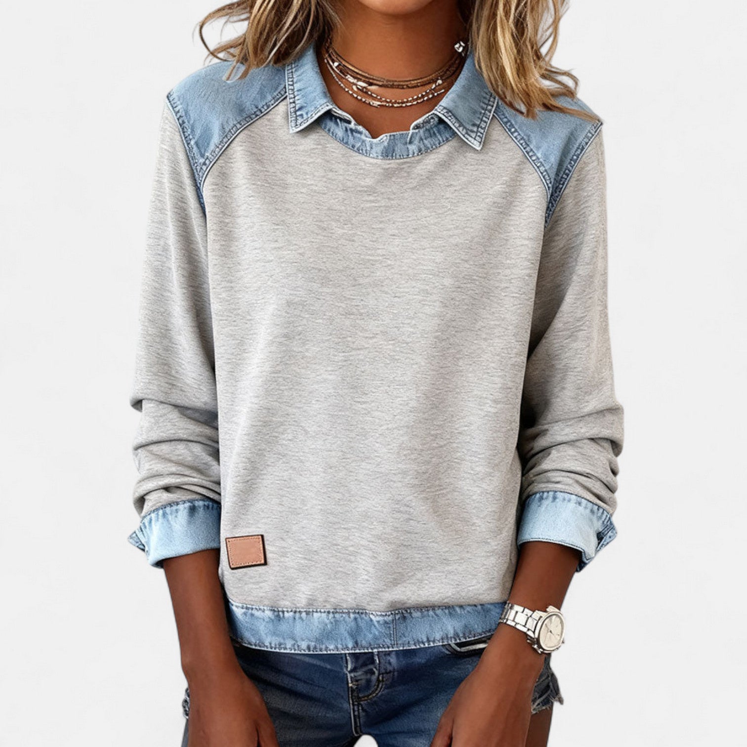 Cleo | Women's Denim Colorblock Sweatshirt Cream Light Blue