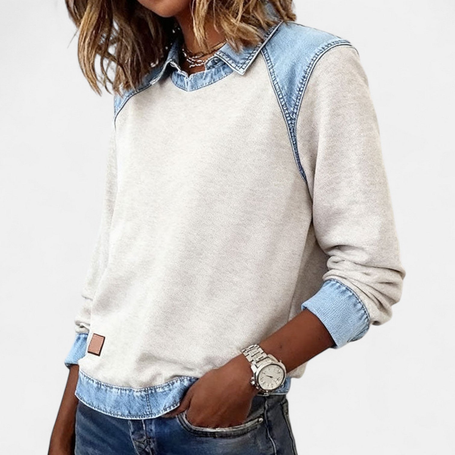 Cleo | Women's Denim Colorblock Sweatshirt Cream Light Blue