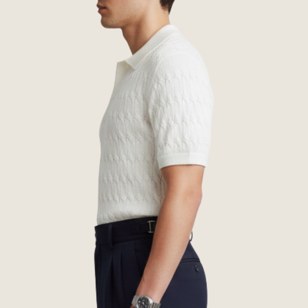 Axel | Men's Cable Knit Polo Shirt Cream Short Sleeve