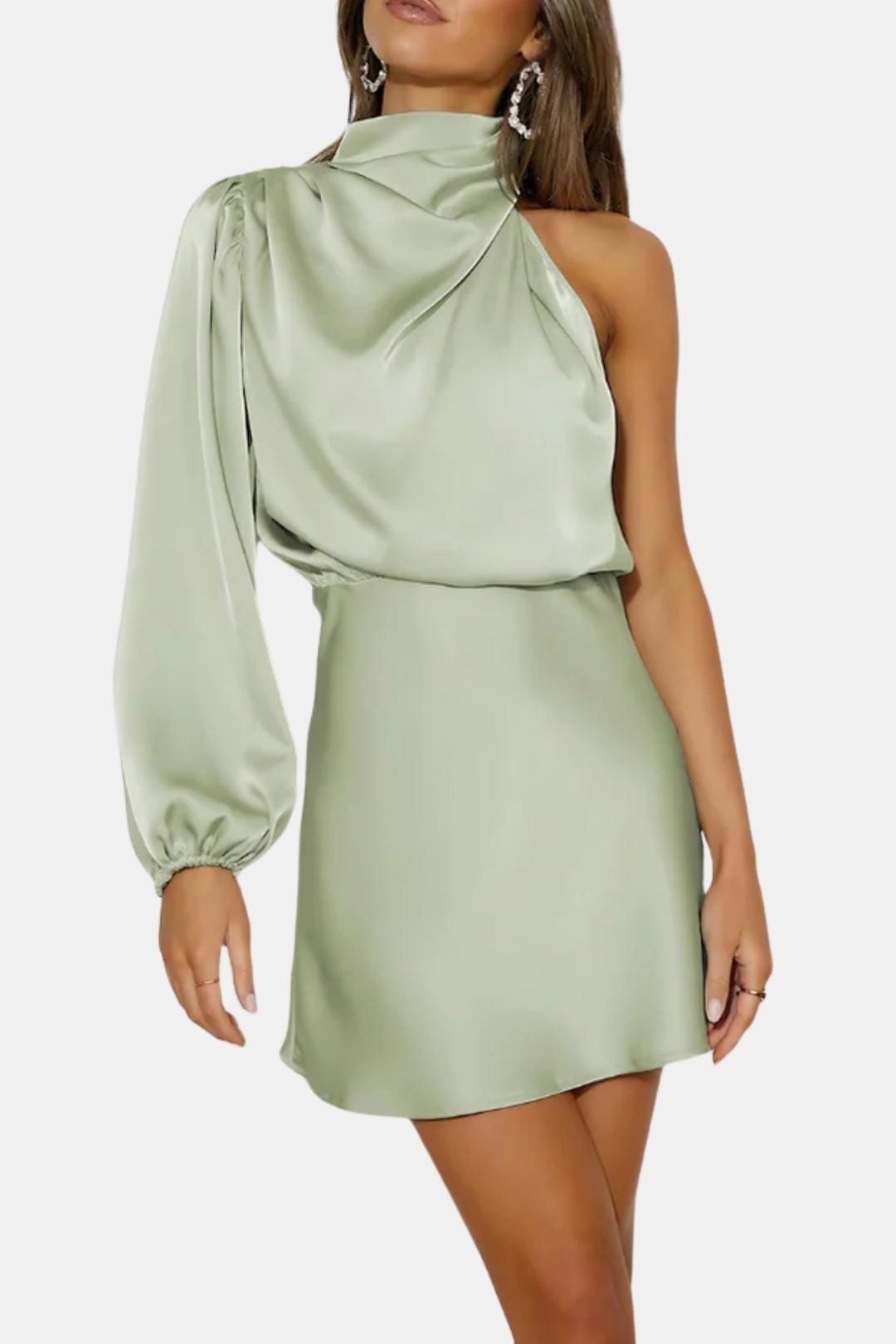 Thea | Women's Satin Wrap Dress Cream One Shoulder