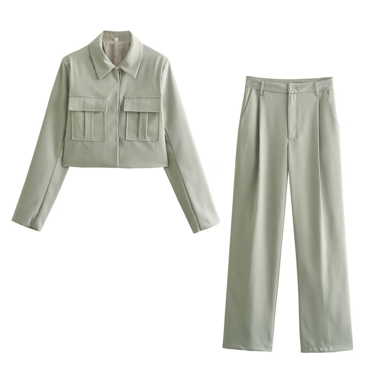 Thea | Women's Utility Jacket Wide Leg Pants Set Sage Green