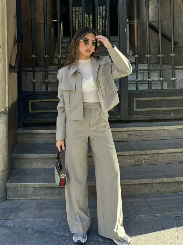 Thea | Women's Utility Jacket Wide Leg Pants Set Sage Green