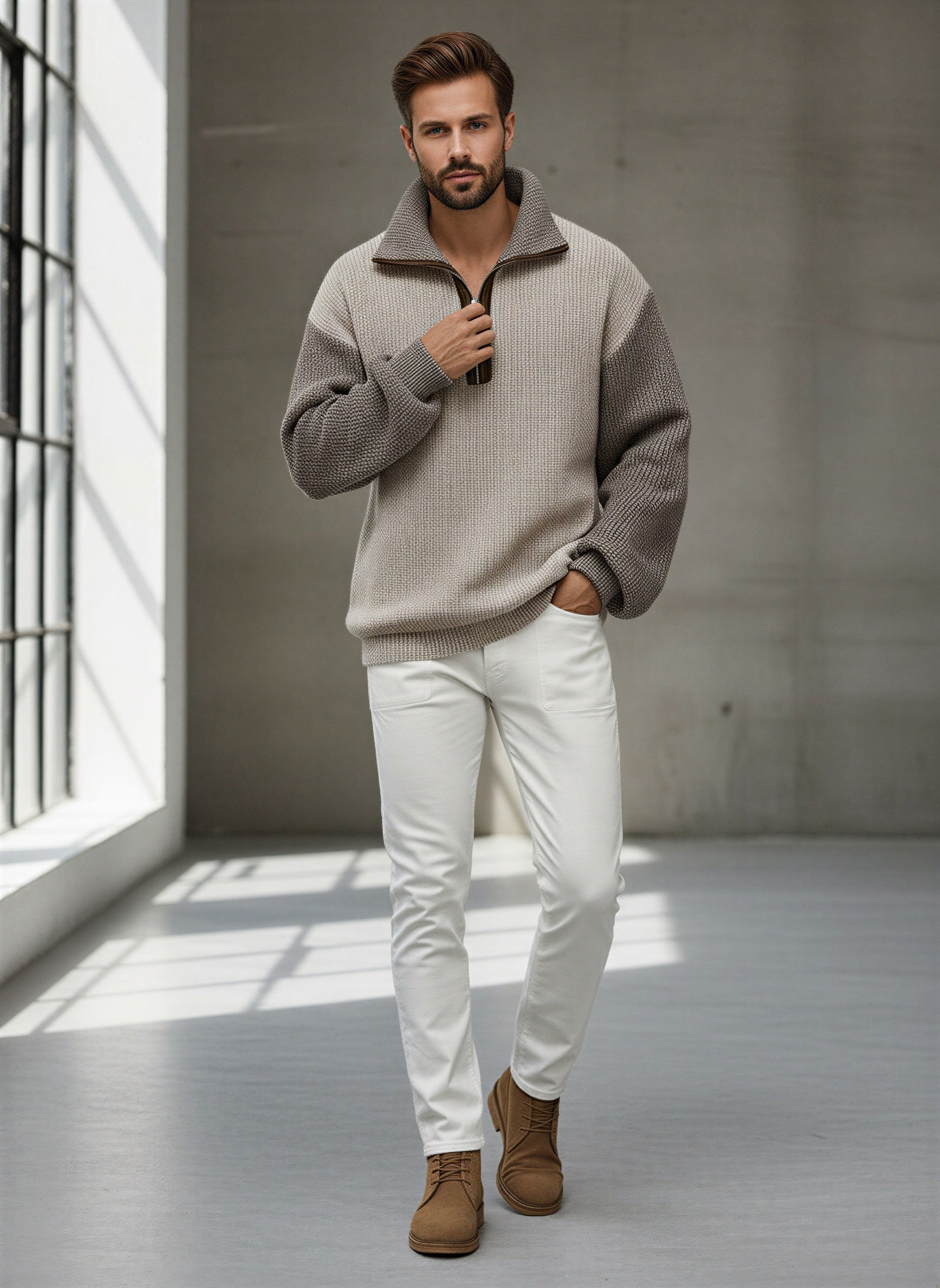 Axel | Men's Quarter Zip Sweater Cream Color Block