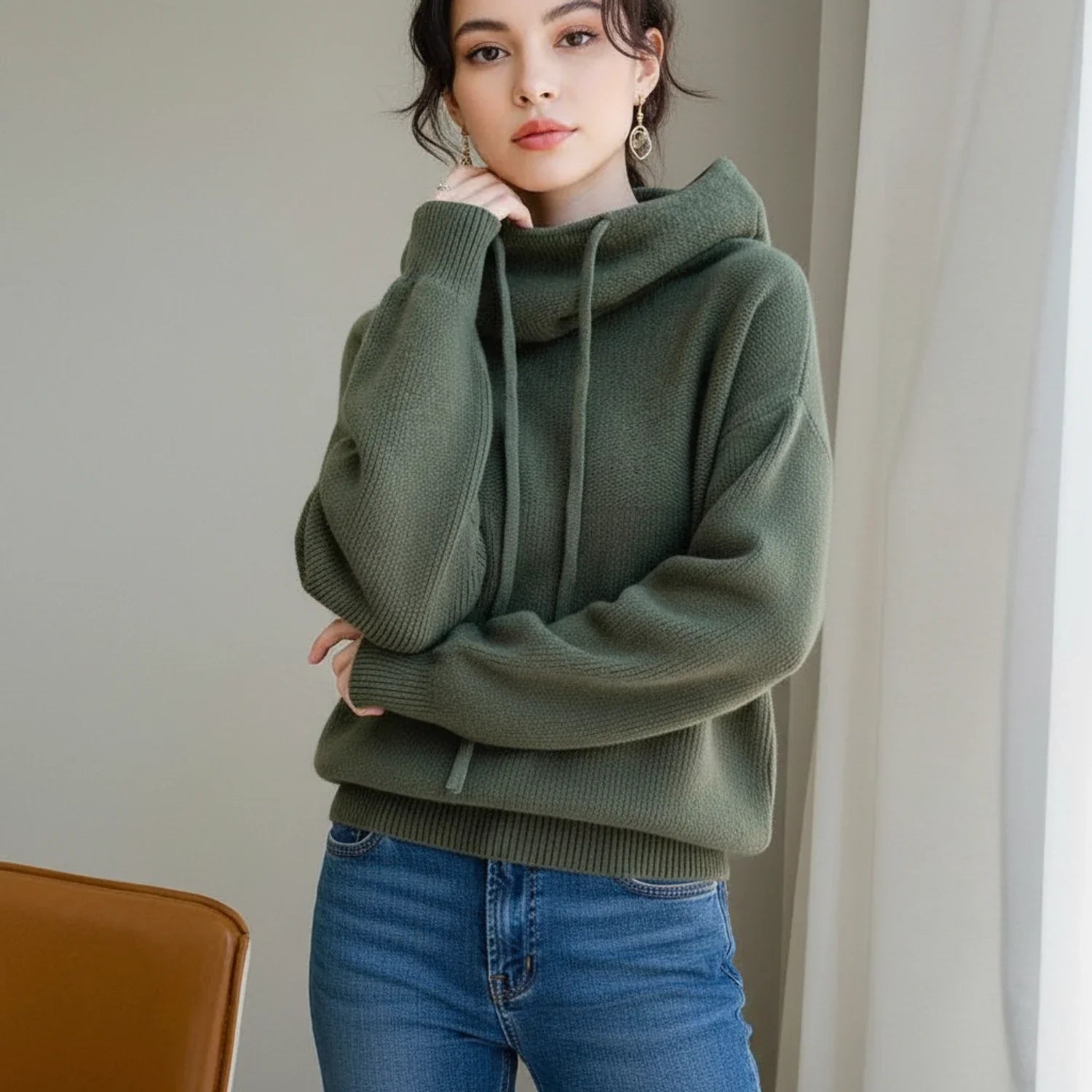 Vera | Women's Oversized Hoodie Sage Green Knit Pullover