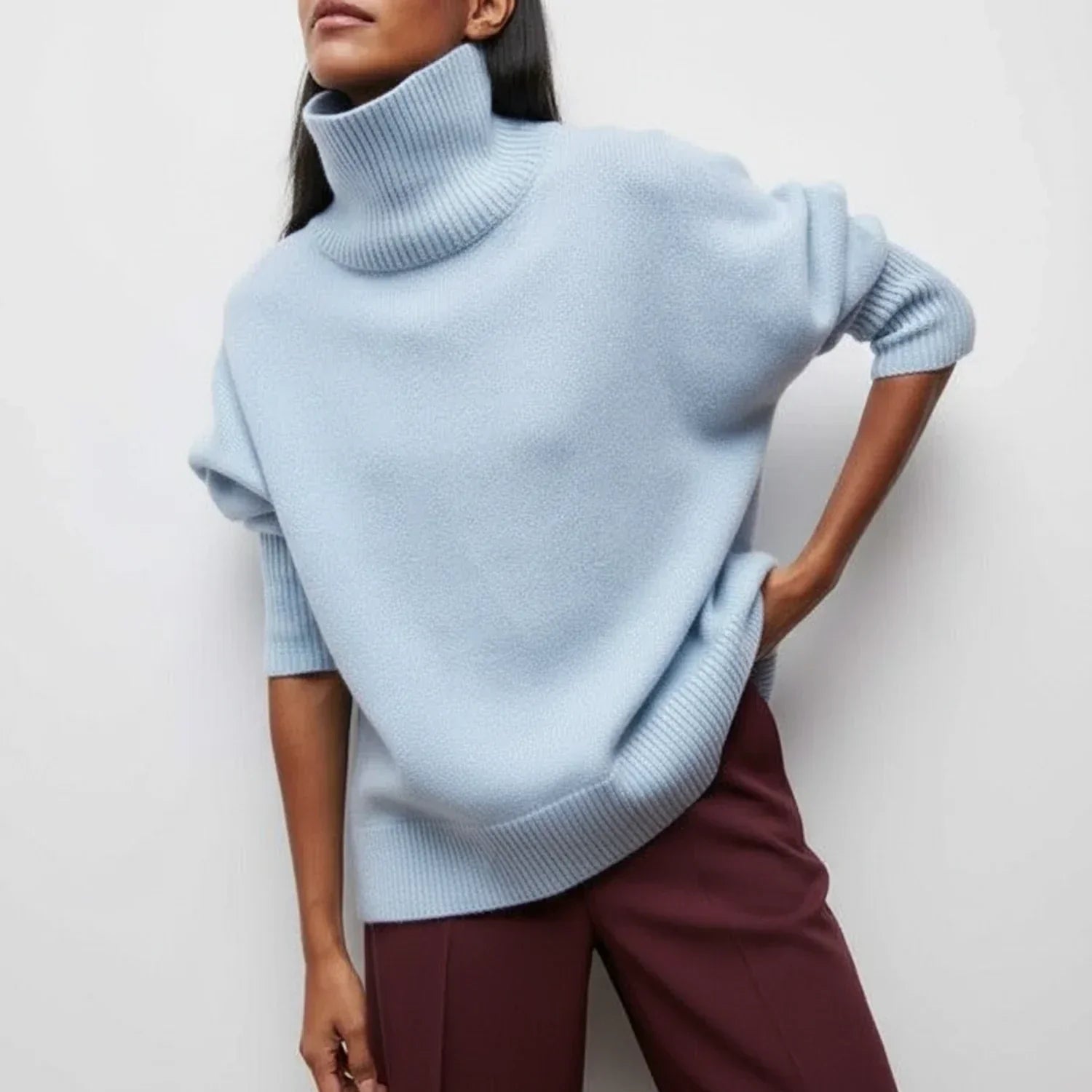 Isla | Women's Oversized Turtleneck Sweater Light Blue Short Sleeve