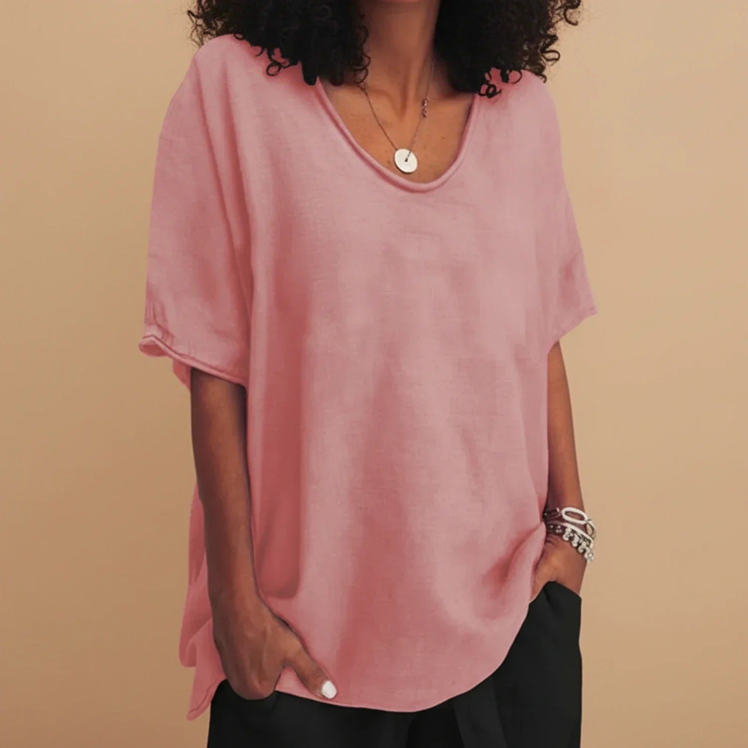 Liv | Women's Oversized Linen Top Crew Neck Gray Short Sleeve