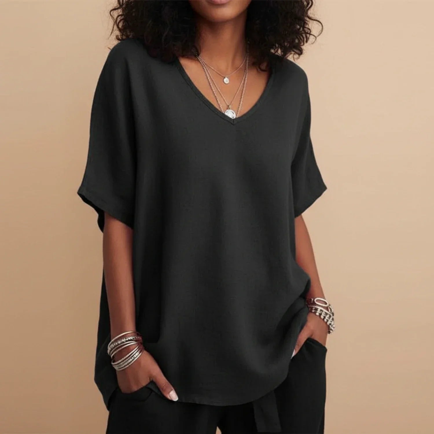 Liv | Women's Oversized Linen Top Crew Neck Gray Short Sleeve