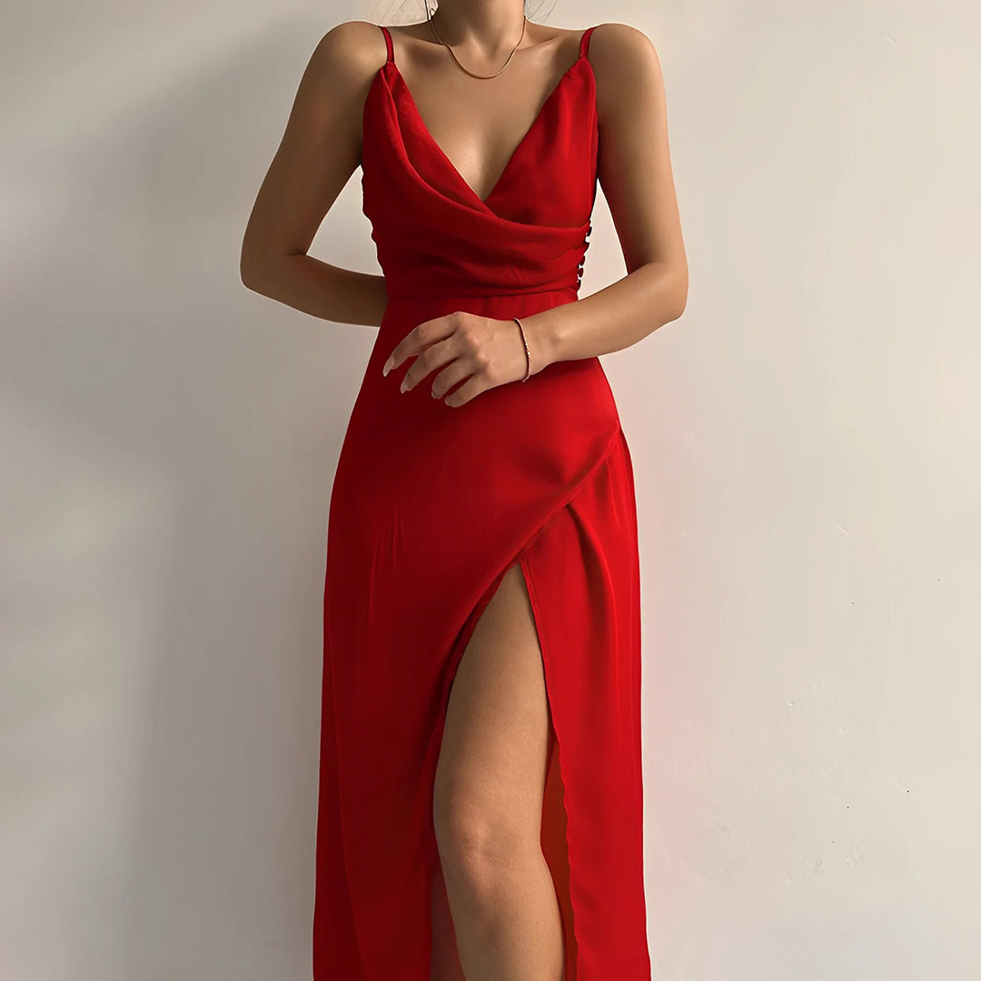 Stella | Women's Slip Dress Black V Neck Satin