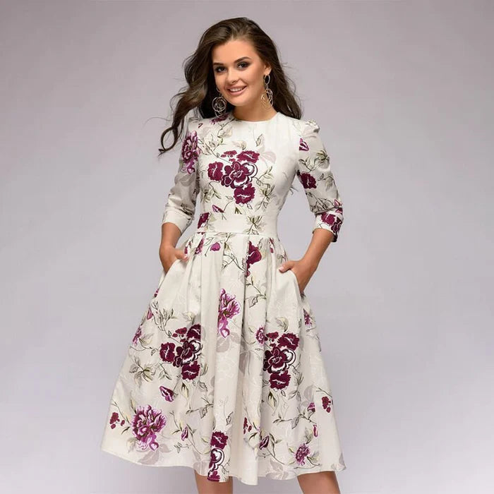 Aria | Women's Floral Midi Dress Cream Puff Sleeve