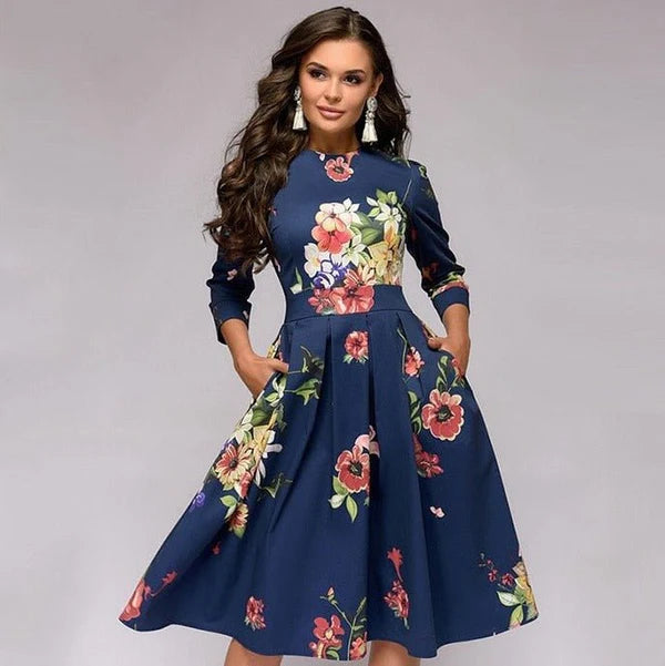 Aria | Women's Floral Midi Dress Cream Puff Sleeve