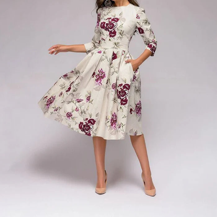 Aria | Women's Floral Midi Dress Cream Puff Sleeve