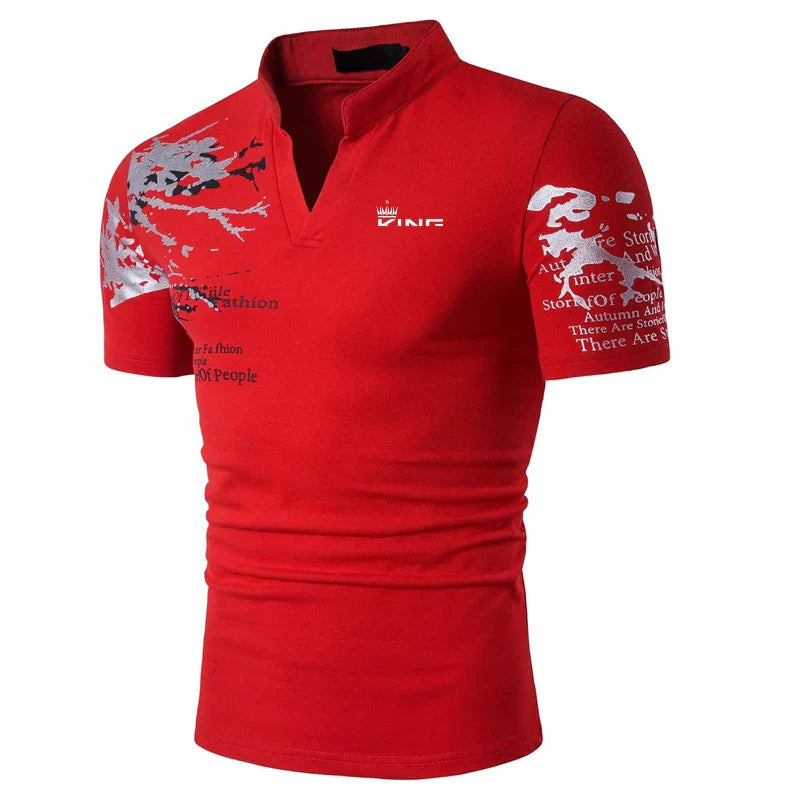 Axel | Men's Polo Shirt Red Graphic Print V Neck