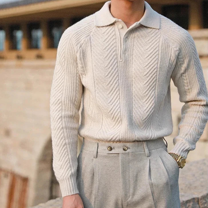 Rex | Men's Cable Knit Polo Shirt Cream