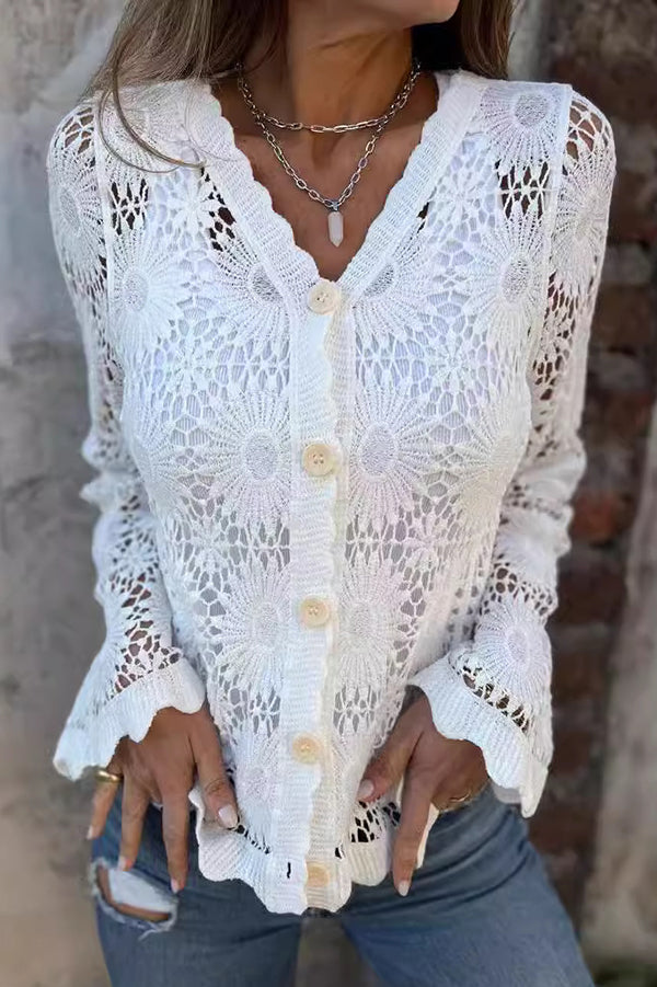 Maren | Women's Crochet Button Up Cardigan Cream Long Sleeve