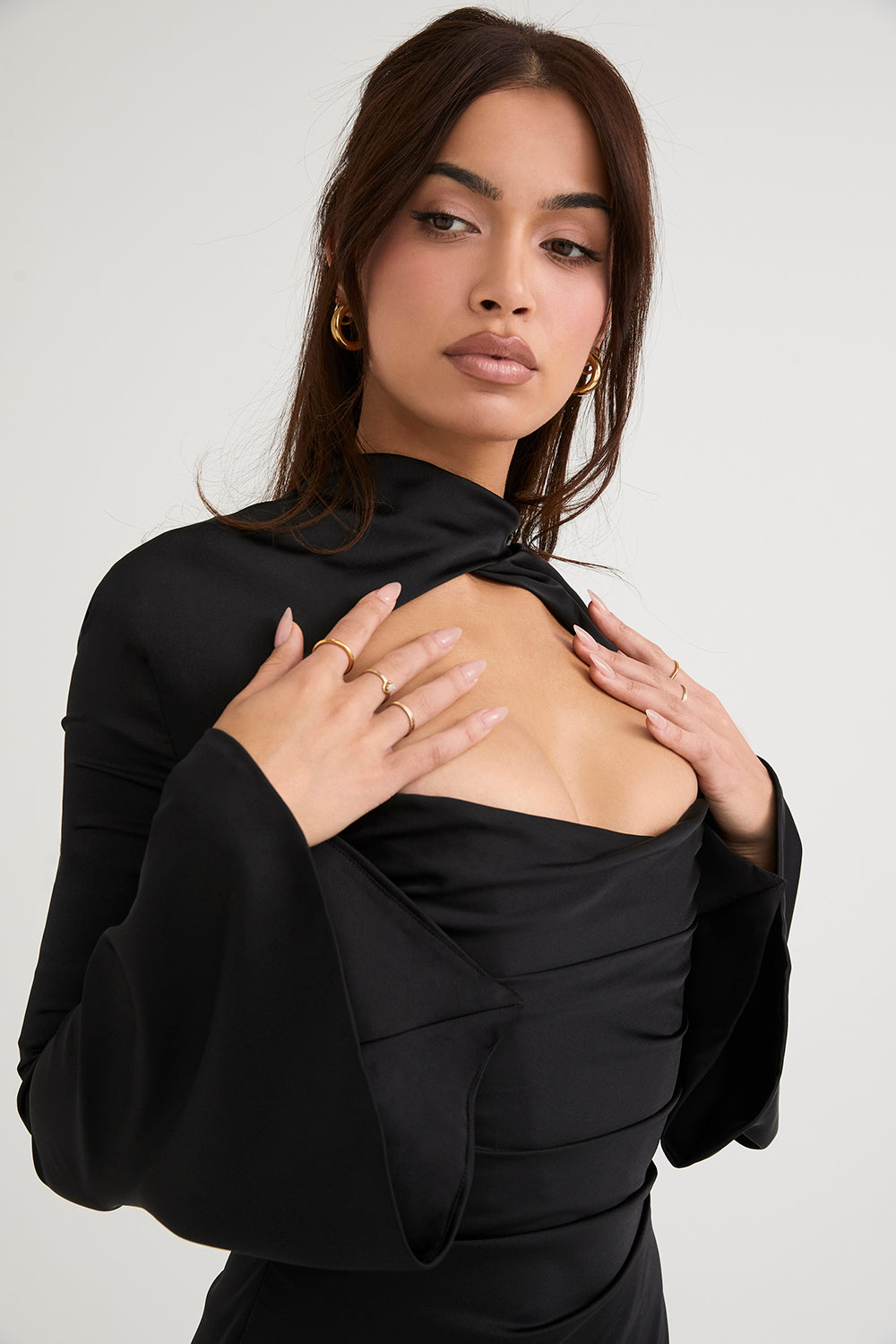 Sable | Women's Cutout Mini Dress Black Long Sleeve Ruched