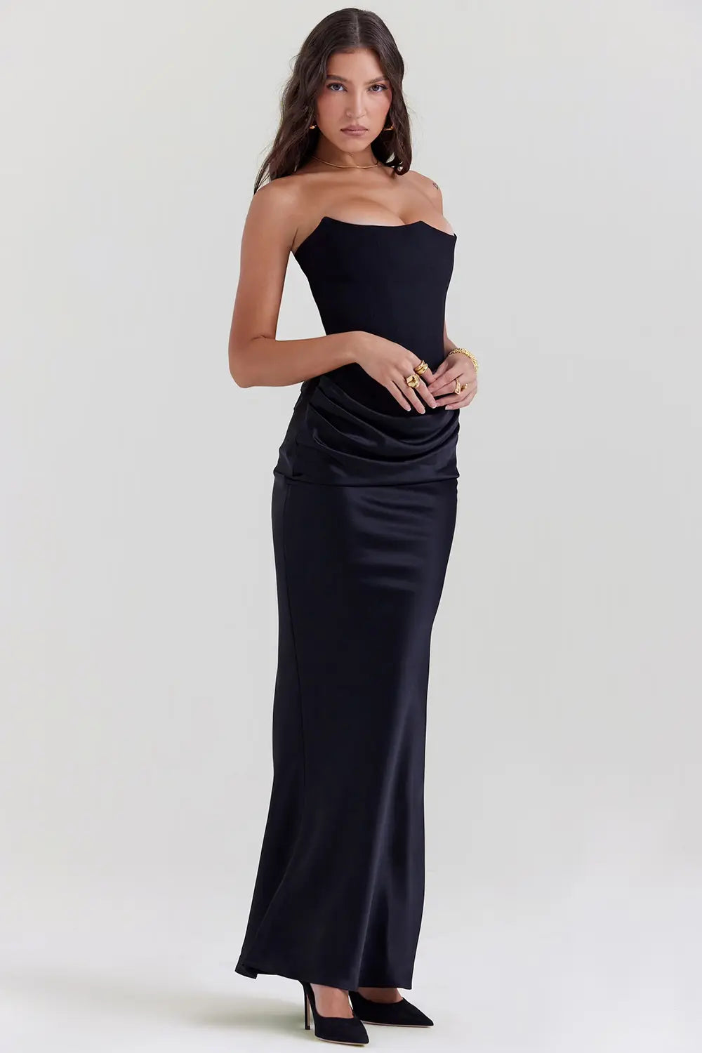 Vera | Women's Strapless Satin Maxi Dress Black