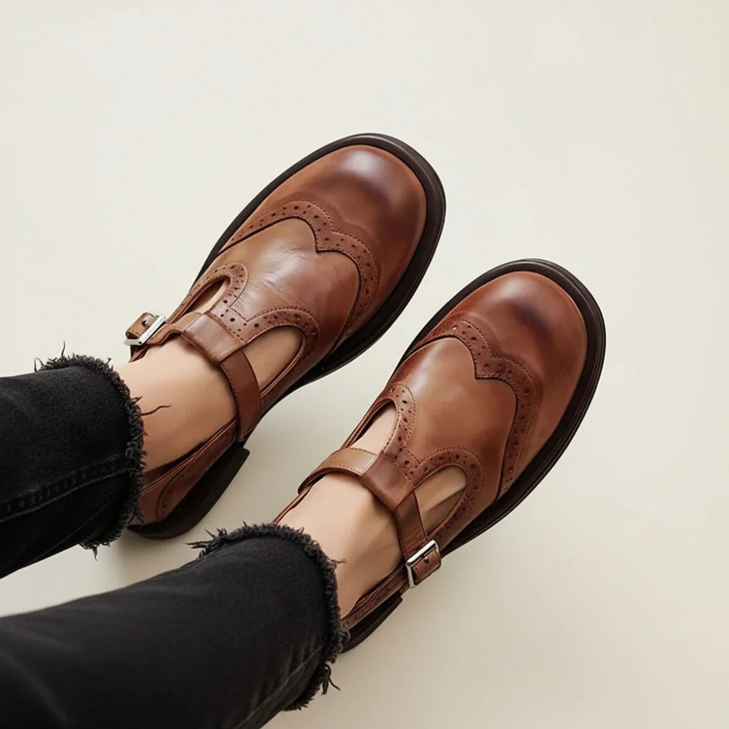 Rosa | Women's Brown Leather Mary Jane T Strap Shoes